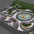 Modern Urban Park Recreational Landscape With Circular Pool Purple Flowering Trees Green Lawn And Walkways