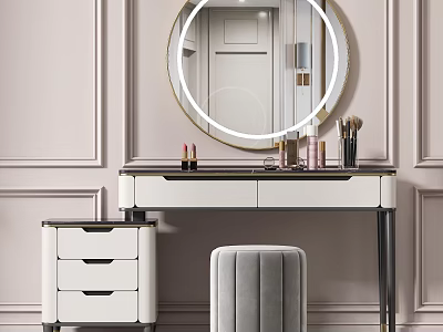 Elegant White Dressing Table With Round Gold Mirror Chest Of Drawers And Upholstered Stool 3d model