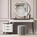 Elegant White Dressing Table With Round Gold Mirror Chest Of Drawers And Upholstered Stool