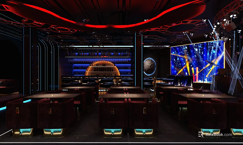 Modern Bar Interior With Red And Blue Lighting Circular Decorations Seating Area 3d model 