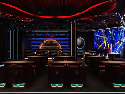 Modern Bar Interior With Red And Blue Lighting Circular Decorations Seating Area 3d model