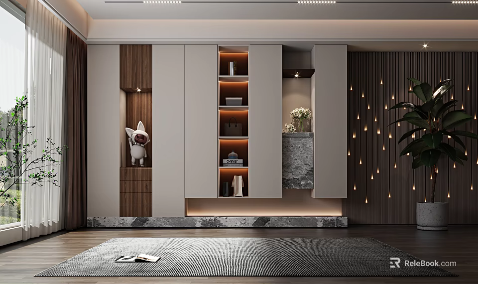 Modern Luxury Shoe Cabinet With Wooden Storage Shelves LED Lighting And Decorative Figurine 3d model 