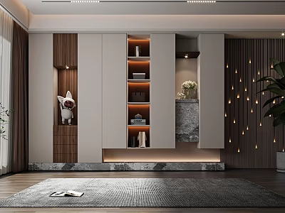 Modern Luxury Shoe Cabinet With Wooden Storage Shelves LED Lighting And Decorative Figurine 3d model