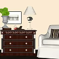 Dark Wood Entryway Console Table With Drawers Silver Vase Lamp Framed Picture Green Plant By Sofa