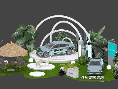 Floral Installation Display With Greenery White Arch Structures Circular Platform And Thatch Umbrella 3d model