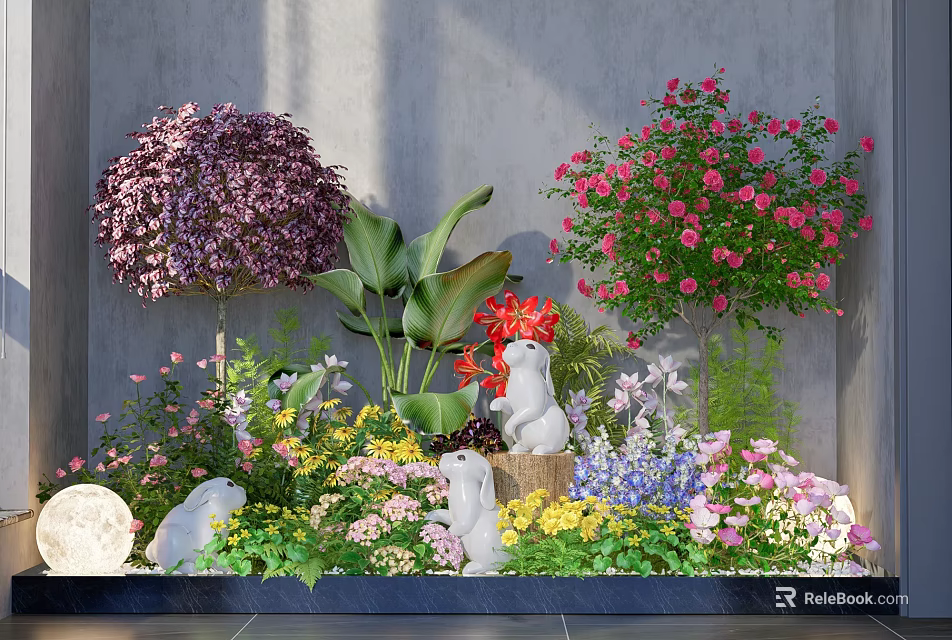 Garden Ornamental Arrangement With Colorful Flower Shrubs Rabbit Statues And Green Plants 3d model 