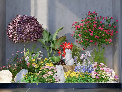 Garden Ornamental Arrangement With Colorful Flower Shrubs Rabbit Statues And Green Plants 3d model