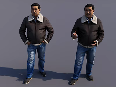 Two Men Wearing Brown Jackets With Fleece Collar Blue Jeans And Black Shoes 3d model