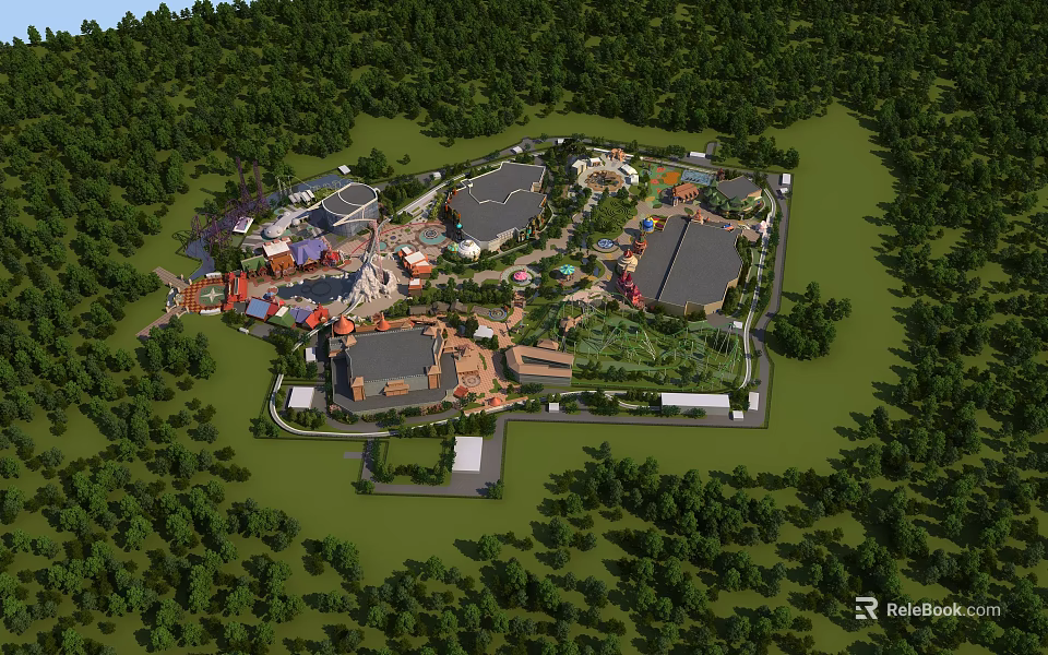 Fun Filled Amusement Park With Various Rides Colorful Pavilions And Lush Green Gardens 3d model 