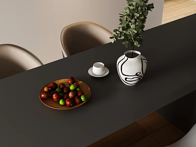 Decorative Ornament Set With Fruit Plate Vase Green Plant Cup And Saucer On Black Table 3d model