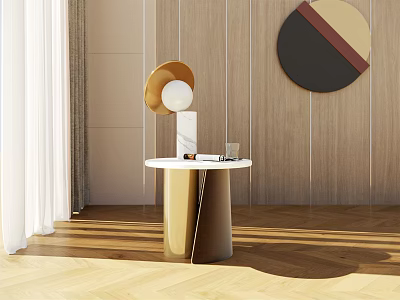 Modern Side Table With Gold Brown Base Round Top And Lamp Near Wooden Wall Art 3d model