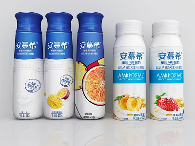 Ambrosial Yogurt Drink with Mixed Fruit Flavors in Blue and White Bottles 3d model