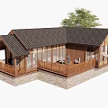 Traditional Wooden House Exterior With Dark Tile Roof Large Glass Windows And Wooden Terrace