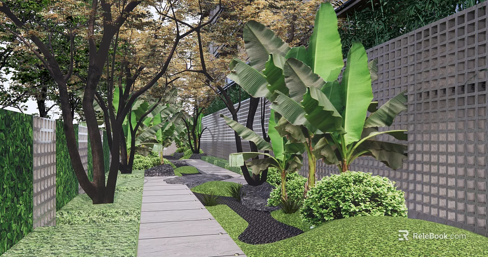 Residential Landscape With Stone Pathway Banana Trees Green Plants Bushes And Gray Brick Wall 3d model 
