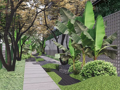 Residential Landscape With Stone Pathway Banana Trees Green Plants Bushes And Gray Brick Wall 3d model