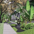 Residential Landscape With Stone Pathway Banana Trees Green Plants Bushes And Gray Brick Wall