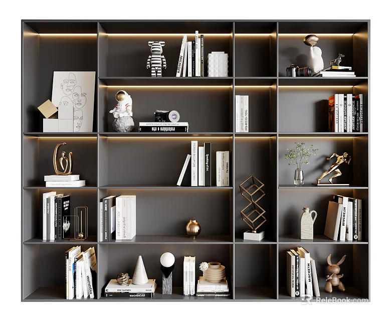 Decorative Ornament Combination on Grey Bookshelf with Multiple Compartments Books Sculptures and Small Plants 3d model 
