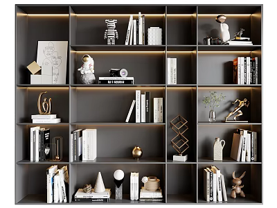 Decorative Ornament Combination on Grey Bookshelf with Multiple Compartments Books Sculptures and Small Plants 3d model