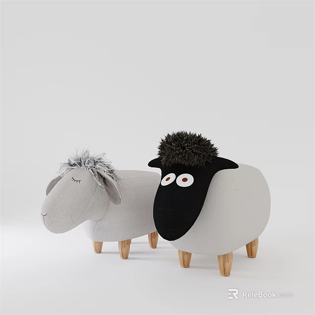 Stuffed Sheep Toys With Gray White Bodies Black Head Fluffy Hair And Wooden Legs 3d model 