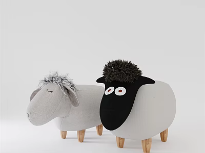 Stuffed Sheep Toys With Gray White Bodies Black Head Fluffy Hair And Wooden Legs 3d model