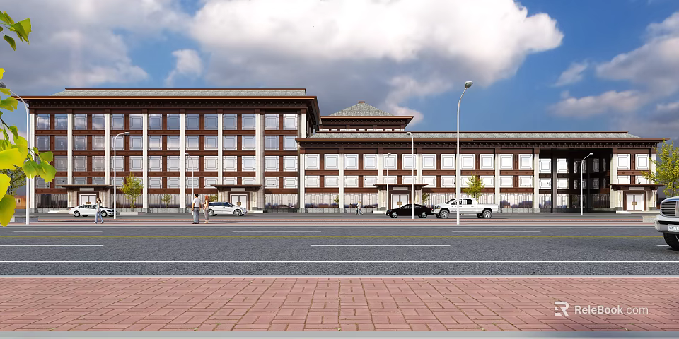 Traditional Style Modern Building With Glass Windows Street Vehicles And Lamp Under Blue Sky 3d model 