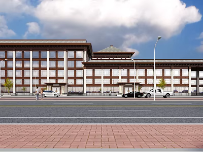 Traditional Style Modern Building With Glass Windows Street Vehicles And Lamp Under Blue Sky 3d model