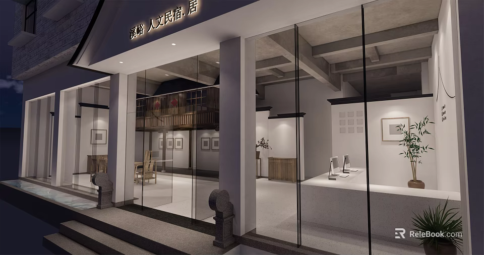 Traditional Style Boutique Guesthouse Building With Modern Glass Facade And Interior Decor 3d model 