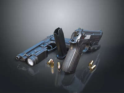 Modern Black Pistol With Magazine Bullets And Flashlight On Dark Reflective Surface 3d model