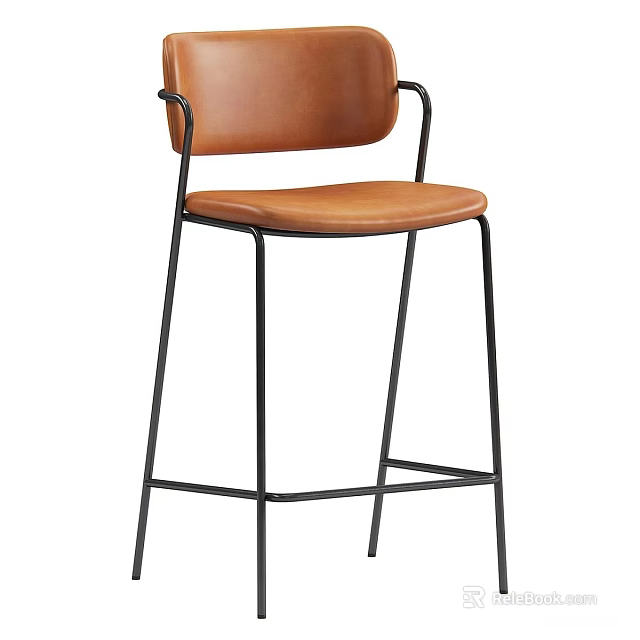 Modern Bar Stool With Brown Leather Seat Backrest And Black Metal Frame 3d model 