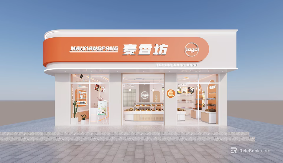 Modern Dessert Shop Storefront With Glass Windows Orange White Design And Logo 3d model 