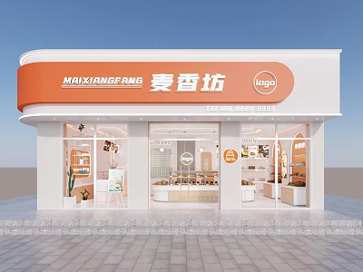 Modern Dessert Shop Storefront With Glass Windows Orange White Design And Logo 3d model