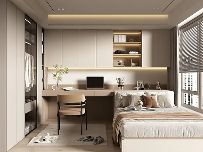 Modern Tatami Bedroom Interior With Desk Laptop Bookshelf Chair And Cozy Pillows 3d model
