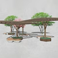 Modern Pergola With Open Grid Design Surrounding Trees Pink Flowers And Stone Planters