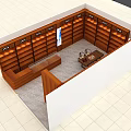 Wooden Display Cabinets and Shelves in Retail Space Interior Layout with Table and Chairs