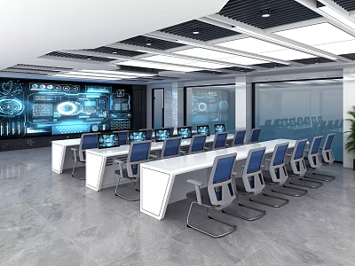 Modern Tech Office Interior With Long Tables Blue Chairs And Data Screens 3d model