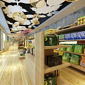 Elegant Specialty Store Interior with Wooden Shelves Various Packaged Products and Cloud Shaped Ceiling Lights