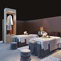 Luxury Massage Beds In Elegant Spa Room With Stools Flower Vases And Coat Hanger