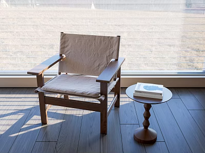 Comfortable Wooden Frame Leisure Chair With Beige Cushion By Window And Small Round Table 3d model
