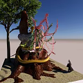 Artistic Sculpture Carving Featuring Tree Root Yellow Snake Small Figure And Colorful Decorations