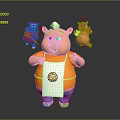 Chubby Pig Character In Yellow Apron With Devil And Angel Holding White Sign With Round Logo