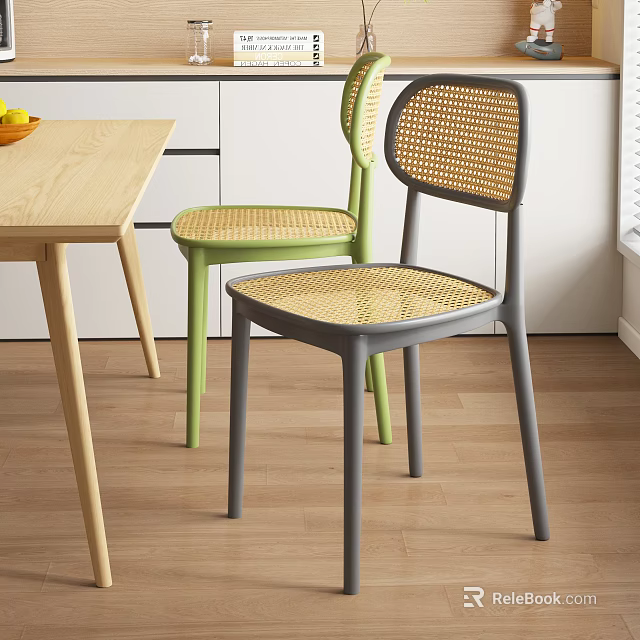 Modern Gray And Green Rattan Dining Chairs With Wooden Table In Kitchen 3d model 