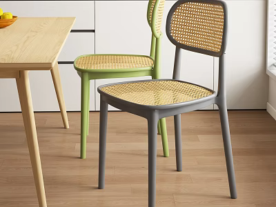 Modern Gray And Green Rattan Dining Chairs With Wooden Table In Kitchen 3d model