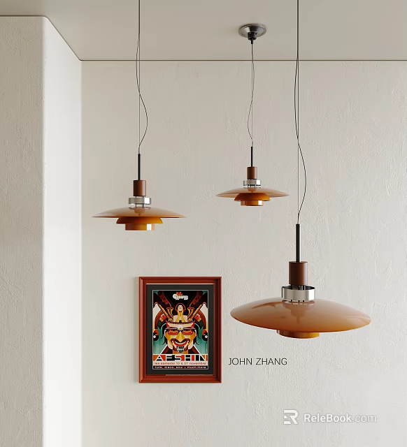Modern Amber Pendant Lights With Wooden Metal Design Above Framed Artwork On White Wall 3d model 