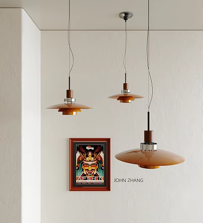 Modern Amber Pendant Lights With Wooden Metal Design Above Framed Artwork On White Wall 3d model