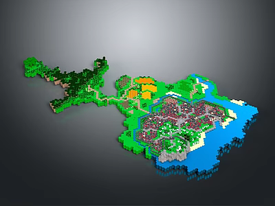 Pixel Art Island Landscape Featuring Green Land Blue Water And Buildings 3d model