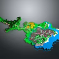 Pixel Art Island Landscape Featuring Green Land Blue Water And Buildings