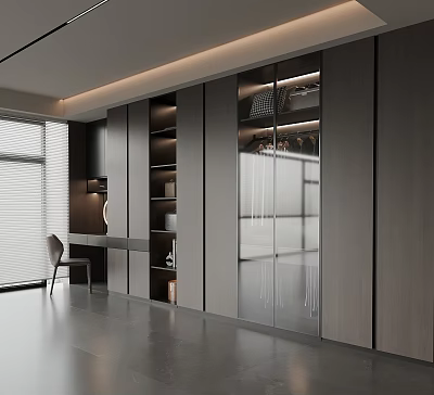 Modern Built In Wardrobe With Glass Doors And Desk In Minimal Interior Design 3d model