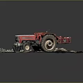 Red Tractor Model With Attached Trailer On Dirt Base And Weeds 3d model