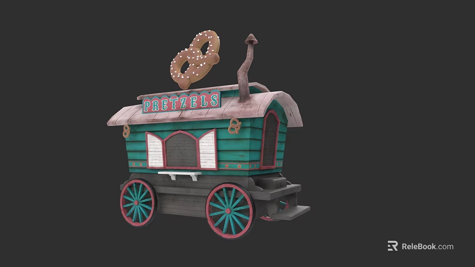 Green Pretzel Cart With Decorative Pretzel On Top And Colorful Wheels 3d model 
