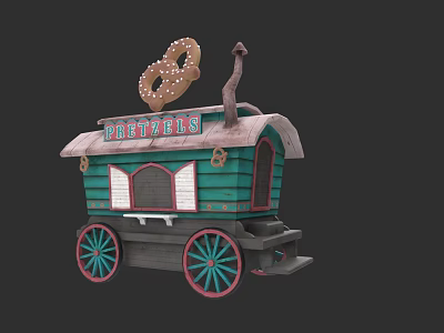 Green Pretzel Cart With Decorative Pretzel On Top And Colorful Wheels 3d model